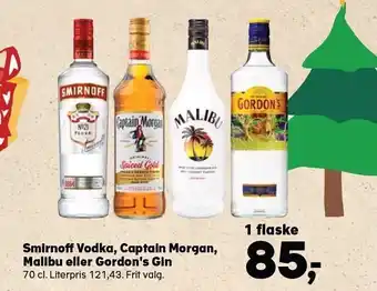 Smirnoff vodka, captain morgan, malibu eller gordon's gin