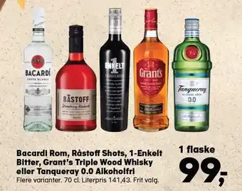 Bacardi rom, råstoff shots, 1-enkelt bitter, grant's triple wood whisky eller tangueray 0.0 alkoholfri