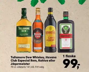 Kvickly Tullamore dew whiskey, havana club especial rom, kahlua eller jägermeister tilbud