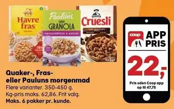 Kvickly Quaker-, fras- eller pauluns morgenmad tilbud