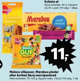 Kvickly Malaco slikposer, marabou plader eller anthon berg marcipanbrød tilbud