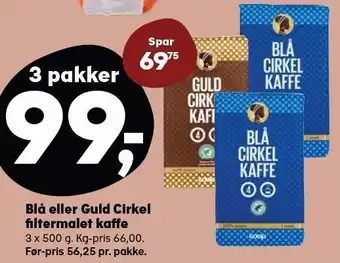 SuperBrugsen Blå eller guld cirkel filtermalet kaffe - 3 pakker tilbud