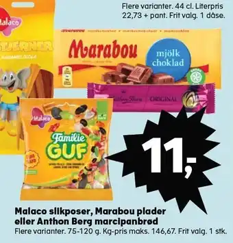 SuperBrugsen Malaco slikposer, marabou plader eller anthon berg marcipanbrød tilbud