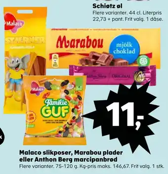 Kvickly Malaco slikposer, marabou plader eller anthon berg marcipanbrød tilbud