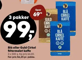 Kvickly Blå eller guld cirkel filtermalet kaffe tilbud