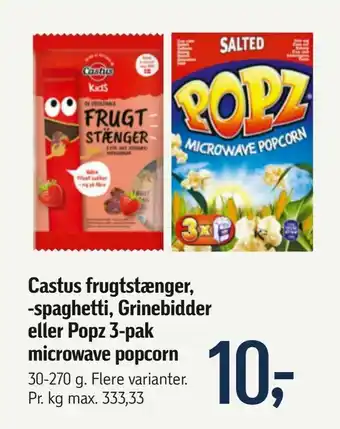 Føtex Castus frugtstænger, -spaghetti, Grinebidder eller Popz 3-pak microwave popcorn tilbud