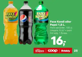 SuperBrugsen Faxe kondi eller pepsi 1,5 l tilbud