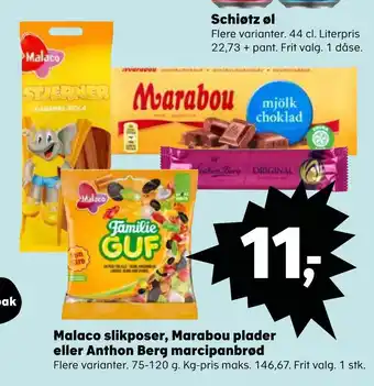 SuperBrugsen Malaco slikposer, marabou plader eller anthon berg marcipanbrød tilbud