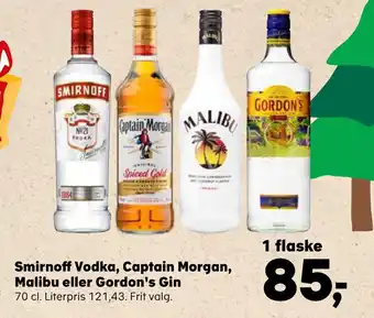 SuperBrugsen Smirnoff vodka, captain morgan, malibu eller gordon's gin tilbud