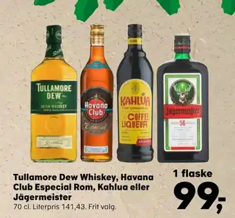 SuperBrugsen Tullamore dew whiskey, havana club especial rom, kahlua eller jägermeister tilbud