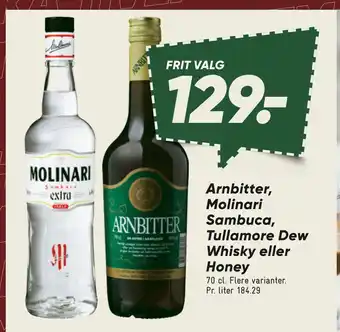 Arnbitter, molinari sambuca, tullamore dew whisky eller honey
