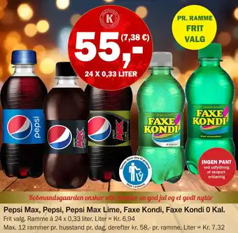 Købmandsgården Pepsi max, pepsi, pepsi max lime, faxe kondi, faxe kondi 0 kal tilbud