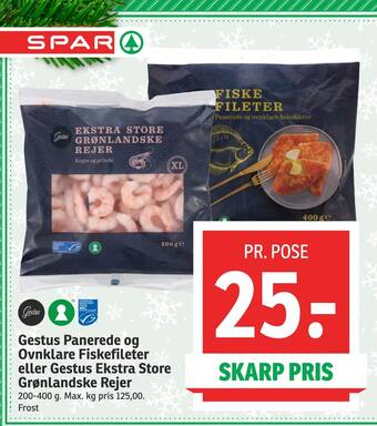 SPAR Gestus panerede og ovnklare fiskefileter eller gestus ekstra store grønlandske rejer tilbud