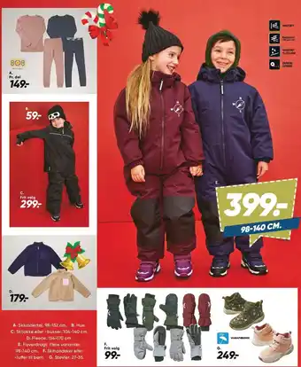 Skiundertøj, skijakke eller -bukser, fleece, flyverdragt, skihandsker eller -luffer