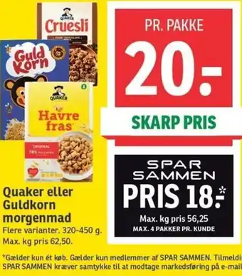 SPAR Quaker Eller Guldkorn Morgenmad 320-450g. tilbud