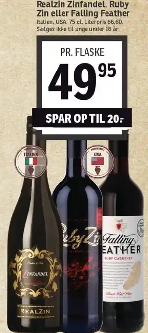 SPAR Realzin Zinfandel Ruby Zin Eller Falling Feather 75 cl tilbud