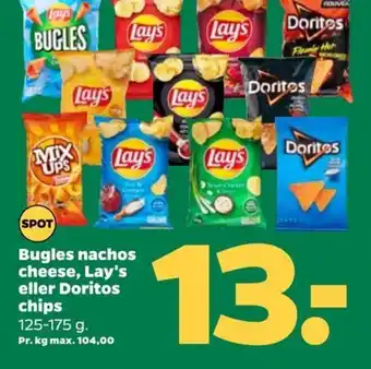 Netto Bugles nachos cheese, Lay's eller Doritos chips tilbud