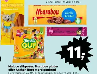 SuperBrugsen Malaco slikposer, Marabou plader eller Anthon Berg marcipanbrød tilbud