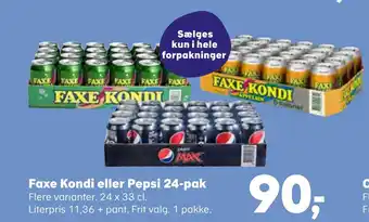 Kvickly Faxe kondi eller pepsi 24-pak tilbud