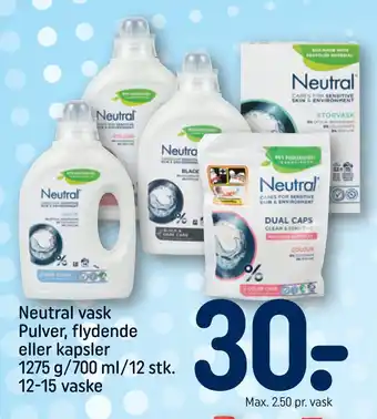 REMA 1000 Neutral vask pulver, flydende eller kapsler 1275 g/700 ml/12 stk. 12-15 vaske tilbud