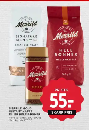 MENY Merrild gold instant kaffe eller hele bønner tilbud