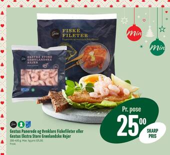 Min Købmand Gestus panerede og ovnklare fiskefileter eller gestus ekstra store grønlandske rejer tilbud