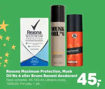 SuperBrugsen Rexona Maximum Protection, Musk Oil No 6 eller Bruno Banani deodorant tilbud