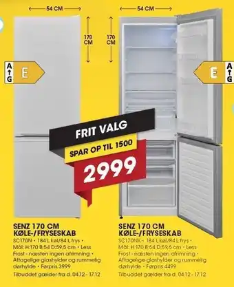 Punkt1 Senz 170 cm køle-/fryseskab tilbud