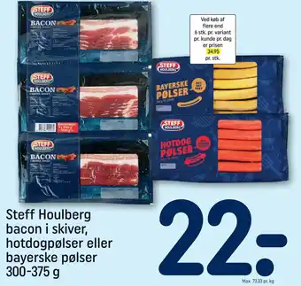 REMA 1000 Steff Houlberg bacon i skiver, hotdogpølser eller bayerske pølser 300-375 g tilbud