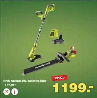 Bauhaus Ryobi havesæt inkl. batteri og lader 18 V One+ tilbud