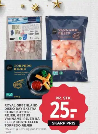 MENY ROYAL GREENLAND DISKO BAY EKSTRA STORE KUTTER-REJER, GESTUS VANNAMEI REJER RÅ ELLER KOGTE ELLER TORPEDO REJER tilbud