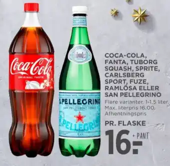 MENY COCA-COLA, FANTA, TUBORG SQUASH, SPRITE, CARLSBERG SPORT, FUZE, RAMLÖSA ELLER SAN PELLEGRINO tilbud