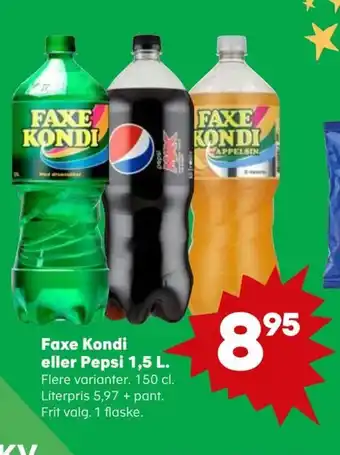 Kvickly Faxe Kondi eller Pepsi 1,5 L. tilbud