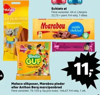 Kvickly Malaco slikposer, Marabou plader eller Anthon Berg marcipanbrød tilbud