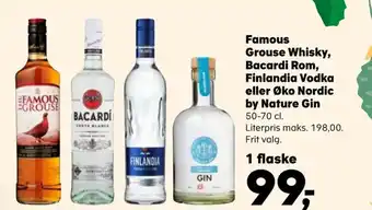 Famous Grouse Whisky, Bacardi Rom, Finlandia Vodka eller Øko Nordic by Nature Gin
