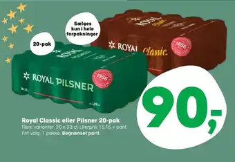 Kvickly Royal Classic eller Pilsner 20-pak tilbud