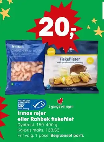 SuperBrugsen Irmas rejer eller Rahbek fiskefilet tilbud
