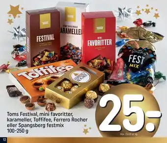 REMA 1000 Toms festival, mini favoritter, karameller, toffifee, ferrero rocher eller spangsberg festmix tilbud