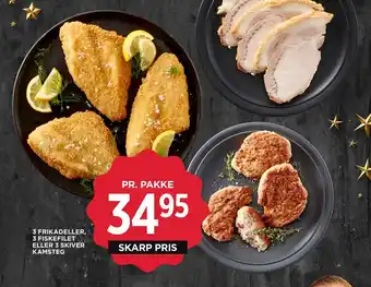 MENY 3 frikadeller, 3 fiskefilet eller 3 skiver kamsteg tilbud