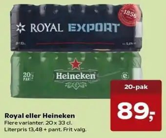 Kvickly Royal Eller Heineken 20x33 cl tilbud
