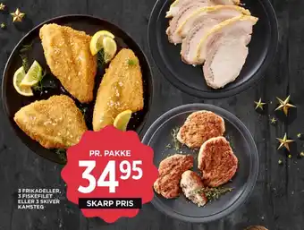 MENY 3 FRIKADELLER, 3 FISKEFILET ELLER 3 SKIVER KAMSTEG tilbud