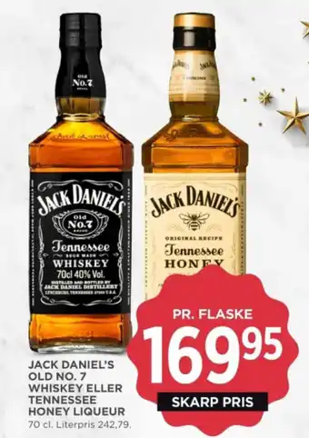 MENY JACK DANIEL'S OLD NO. 7 WHISKEY ELLER TENNESSEE HONEY LIQUEUR 70 cl. Literpris 242,79. tilbud