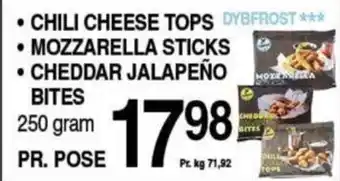 ABC Lavpris CHILI CHEESE TOPS MOZZARELLA STICKS CHEDDAR JALAPEÑO BITES tilbud