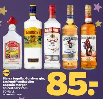 Netto Sierra tequila, Gordons gin, Smirnoff vodka eller Captain Morgan spiced dark rom tilbud