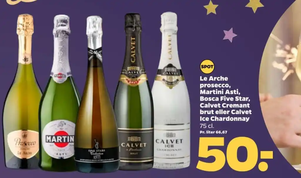 Le Arche prosecco, Martini Asti, Bosca Five Star, Calvet Cremant brut