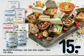REMA 1000 Munkebo muslinger, sild, laks eller suppe i dåse tilbud