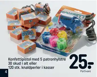 REMA 1000 Konfettipistol med 5 patronhylstre 30 skud i alt eller 120 stk. knaldperler i kasser tilbud