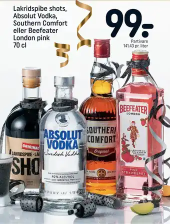 REMA 1000 Lakridspibe shots, absolut vodka, southern comfort eller beefeater london pink tilbud