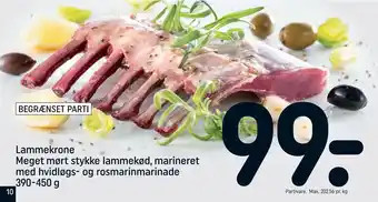 REMA 1000 Lammekrone meget mørt stykke lammekød, marineret med hvidløgs- og rosmarinmarinade tilbud