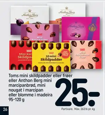 REMA 1000 Toms mini skildpadder eller frøer eller anthon berg mini marcipanbrød, mini nougat i marcipan eller blomme i madeira tilbud